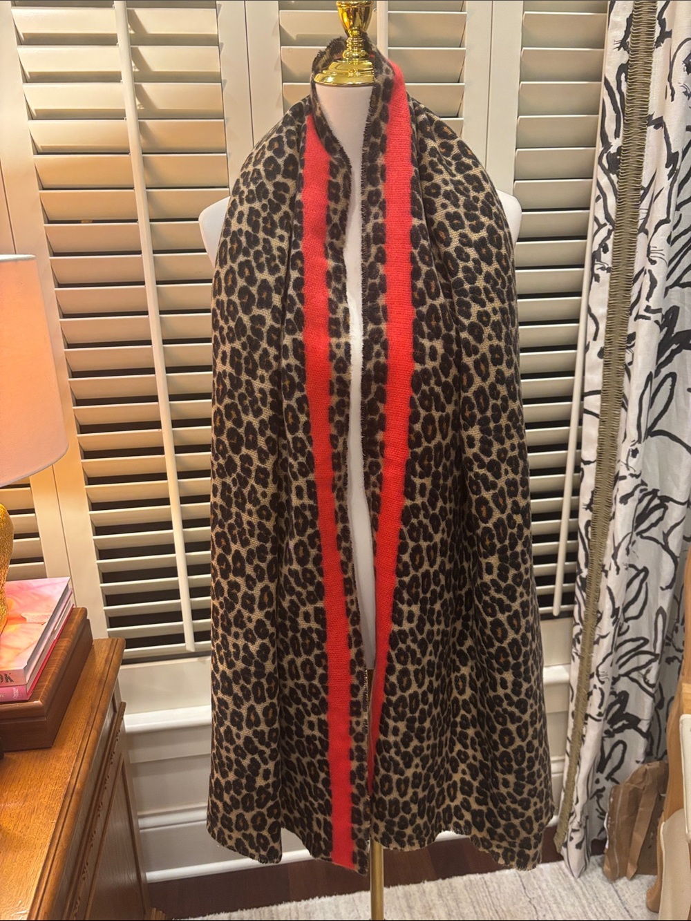 Leopard Print Long Wrap with Red Stripe